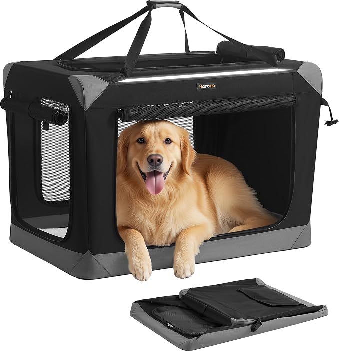 Feandrea Collapsible Dog Crate, Portable Oxford Fabric Pet Travel Crate with 4 Mesh Doors, Handles, Pocket, 36 Inches, for Large Dogs, Ink Black and Dove Gray UPDC029BH01