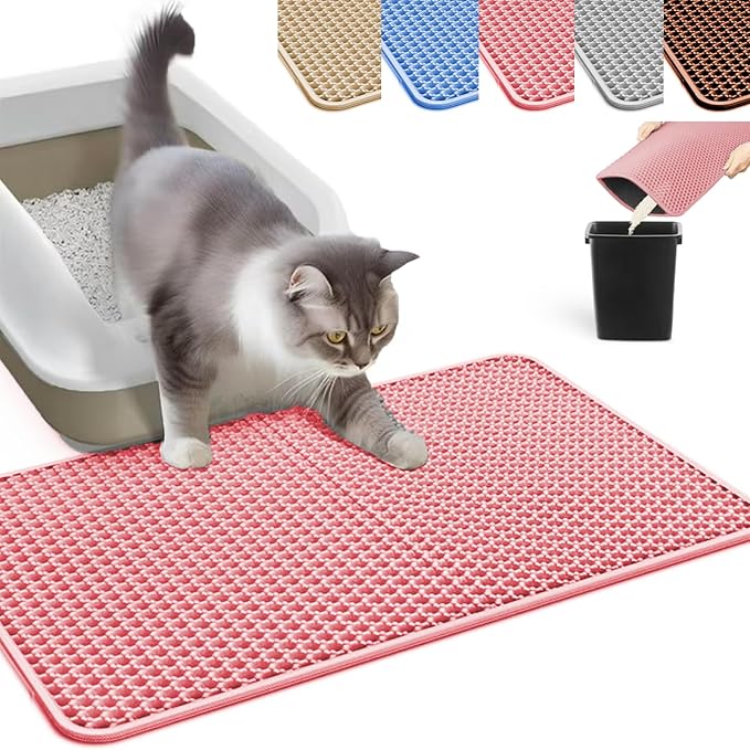 HCY&WLD Cat Litter Mat, Honeycomb Double Layer Litter Trapping Mat | Safe Materials, Soft on Paws, Waterproof Urine Proof Non-Slip, Protects Floors, Less Waste, Easy to Clean, Pink, 24" x 18"