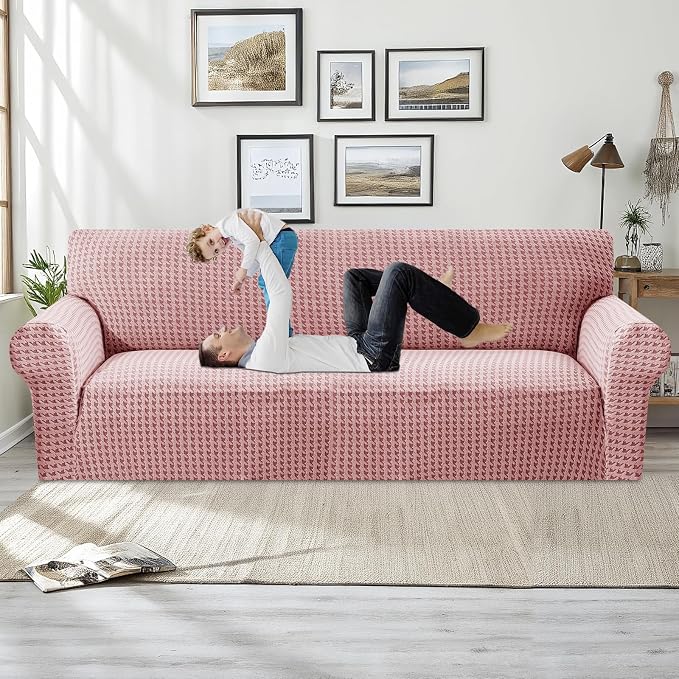MAXIJIN Stretch Couch Cover Sofa Covers for 3 Cushion Couch (71"-91" Washable Sofa Slipcovers with Non-Slip Foam & Elastic Strap, Dog Cat Pet Friendly Furniture Protector (Large, Pink)