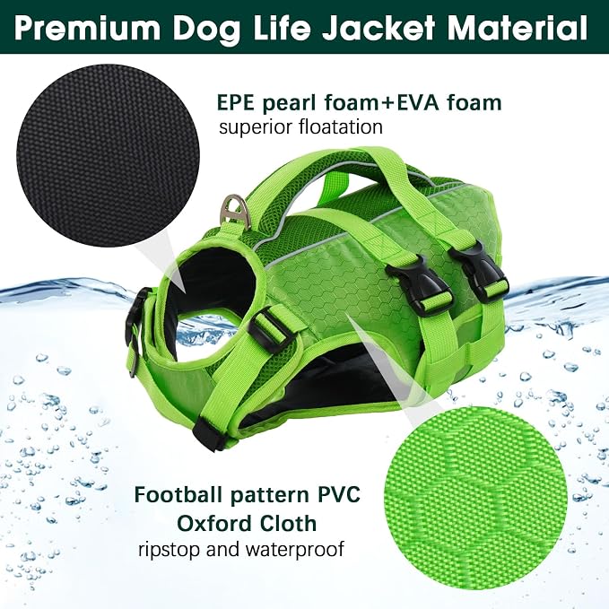 Kuoser Dog Life Jacket, High Flotation Reflective Dog Life Vest, Green, XXL | Adjustable Dog Lifejackets for Small Medium Large Dogs, Lifevest with Rescue Handle for Swimming, Boating, Lake, Beach & Pool
