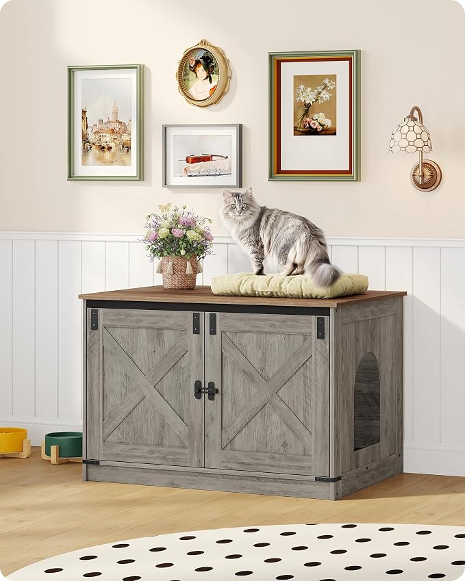 Hzuaneri Cat Litter Box Enclosure, Hidden Litter Box Furniture with Divider | Wooden Cat Cabinet with Removable Dividers, Reversible Entrance Left or Right Side, Cat Washroom, Greige CB84605X