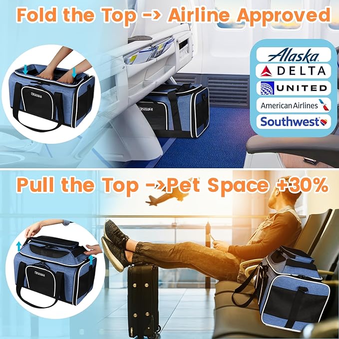 Petskd Top-Expandable Small Pet Carrier 17"x11"x9.5" Airline Approved | for Alaska Airlines, Lockable Safety Zippers and Anti-Scratch Mesh, Soft-Sided, Pets Under 10 Lbs, Blue