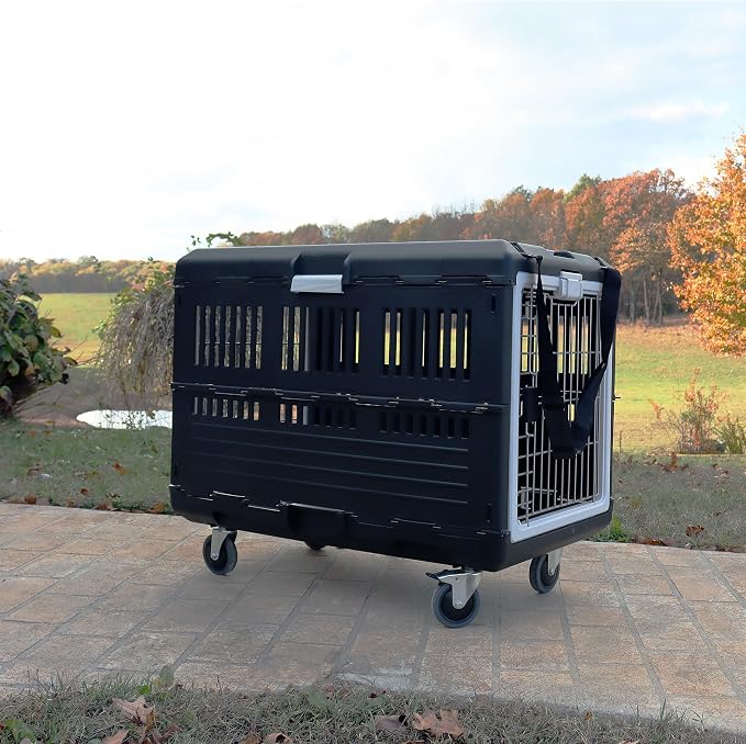 Collapsible Dog Crate & Travel Kit Bundle, 35"L x 21"W x 27"H, Hard Sided Portable Kennel with Wheels, Strap, and Zip Ties for Travel