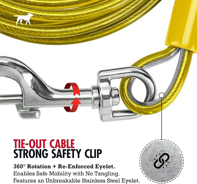 Tuff Pupper Dog Tie Out Cable, 15 ft Heavy Duty Lead for up to 35 lb Dogs | Extra-Strong Coated Steel Wire for Large Dogs; Water/Rust Resistant Yard Runner Line with 360-Degree No-Tangle Swivel Clips