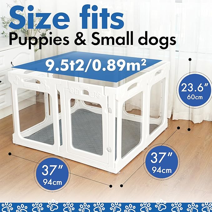 Clear Acrylic Dog Playpen Indoor, Expandable Size & Flexible Shape, Ideal for Small & Toy Dogs, White