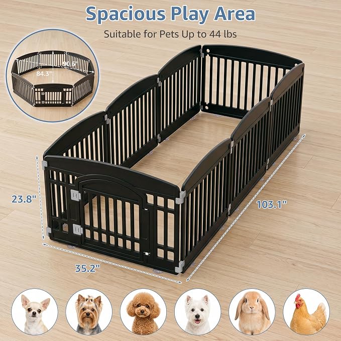 DUMOS Dog Playpen 8 Panels 24" Plastic Exercise Indoor Pen with Door Small Puppy, Medium Dogs Animal Pet Fence for Outdoor, Garden, Yard, RV Camping, Black