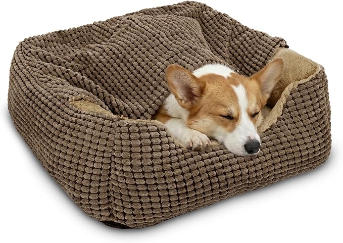 GASUR Dog Beds for Large Medium Small Dogs, Rectangle Cave Hooded Blanket Puppy Bed, Luxury Anti-Anxiety Orthopedic Cat Beds for Indoor Cats, Warmth and Machine Washable (30 inches, Brown)