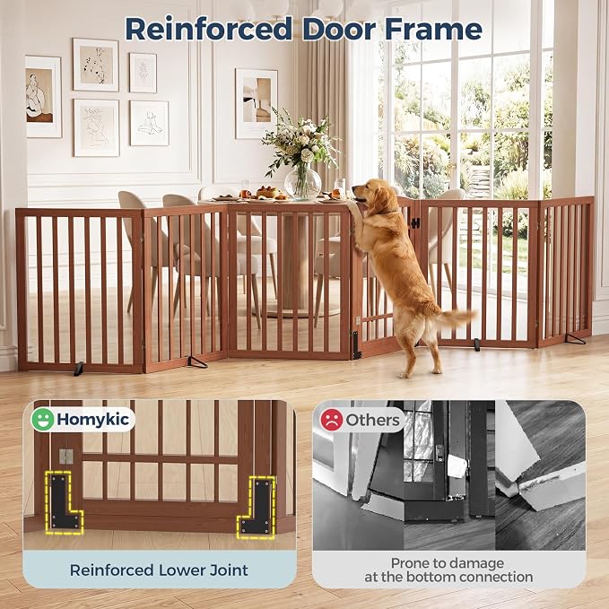 Homykic Dog Gate Indoor, 142" W x 30" H Extra Wide Foldable Bamboo Pet Gate with Door, No Assembly Freestanding Dog Fence with 2 Support Feet & 360°Hinges for Doorways Hallways (Walnut, 6 Panels)