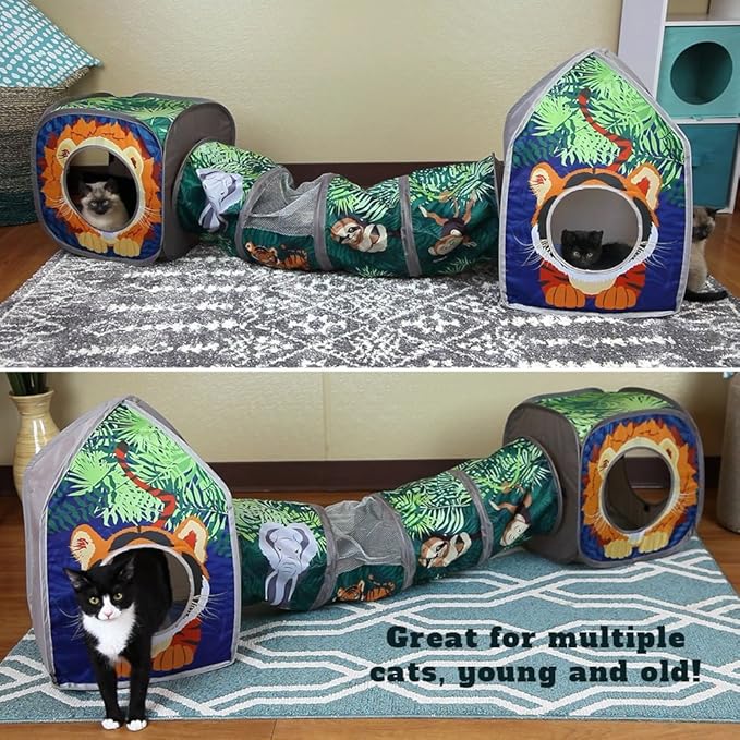 Kitty City Safari Jungle Cat Play Set, Collapsible Pop-Up Cat Toys Combo with Cube, Tunnel & Hideout, Interactive Indoor Kitty Playhouse for Exercise, Hiding & Lounging