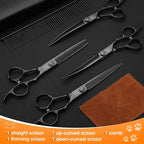 JASON Dog Grooming Scissors Set - Professional 6 in 1 Pet Shears Kit | 6.5" Thinning, 7" Straight, 7" Up-Curved, 7" Down-curved Shears and Comb for Cat Pet with Adjustable Screw, Black