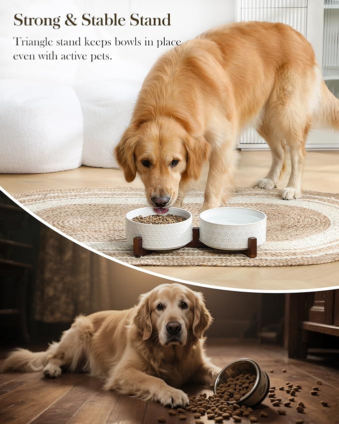 MALACASA Dog Bowl Set, Ceramic Bowls with Walnut Wood Stand, 6 Cups | Five-leaf grass and honeycomb design, non-slip base, for dogs, about 26% heavier than similar ceramic bowls