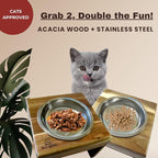 Raised Cat Bowls, 6.25 in Wide, 6" Elevated Cat Feeding Stand (with 2 Stainless Steel Bowls: 12 oz/1.5 Cup), Small Dogs, Rabbits, Anti-Vomit, Whisker Friendly, 6 x 8 x 8 in, Acacia Wood