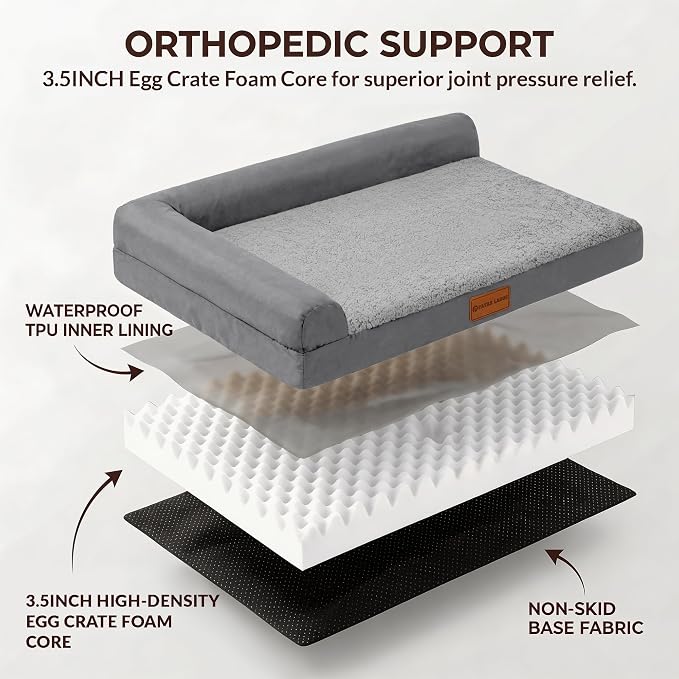 Patas Lague Orthopedic Large Dog Bed Pet Sofa Beds 36''X24'' Grey | L Bolster Egg-Crate Foam Dog Couch For Large Sized Dogs, Waterproof Removable Washable Cover, Pet Mat with Nonskid Bottom