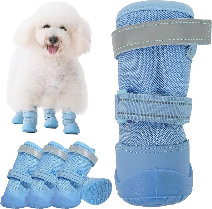 Outdoor Dog Boots for Hiking and Walking, Breathable Mesh Booties Hot Pavement, Reflective and Anti Slip Summer Paw Protector, Blue, Size 2
