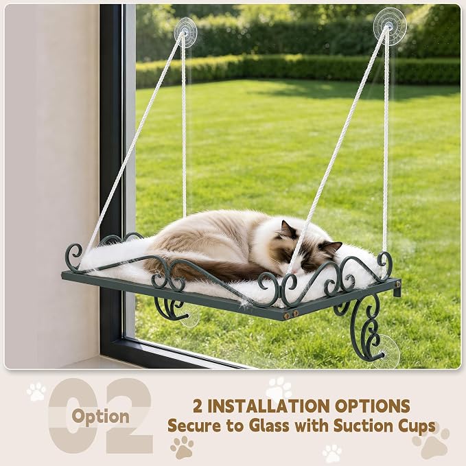 PUPETPO Cat Window Perch for Large Cats, 2-in-1 Window & Sill Mount, Green | Heavy-Duty Iron Frame with Triangle Support, Cat Window Bed with Plush Cushion, Holds 40+ lbs