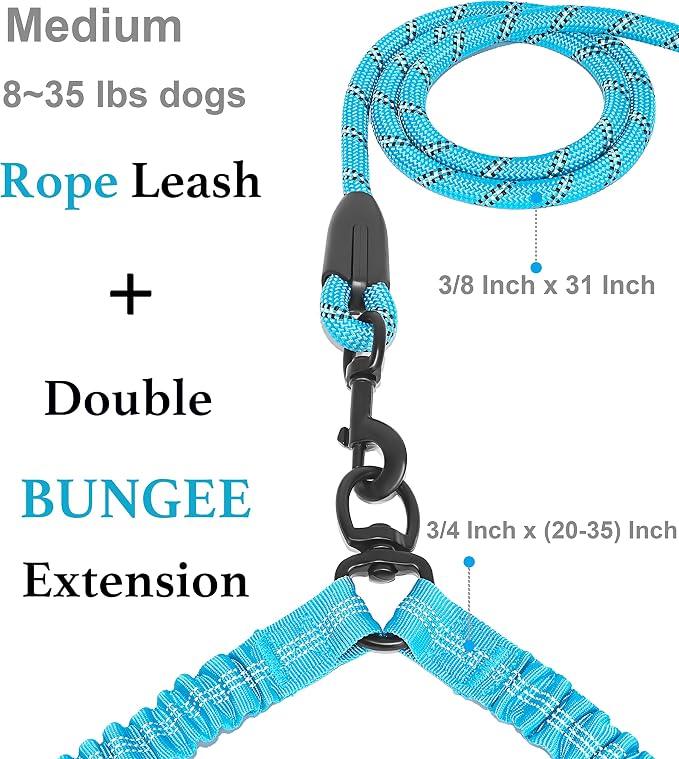 iYoShop Dual Dog Leash - 360° Swivel, No Tangle Walking Leash with Shock Absorbing Bungee for Two Dogs (Medium, 8-35 lbs, Blue)