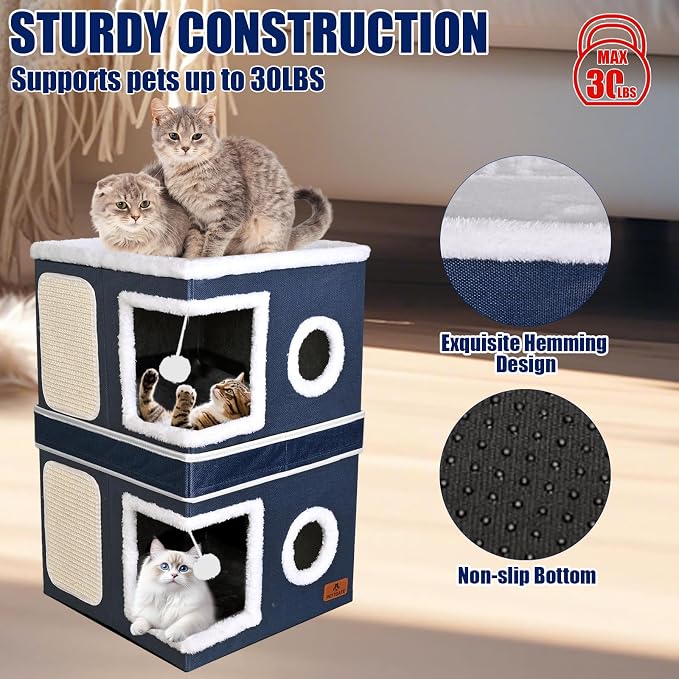 2-Story Cat House for Indoor Cats, Dual-Purpose Cat Cave Bed with Scratch Pad and Fluffy Ball, Foldable Cat Hideaway, Cute Cat Condo Furniture for Multi Small Pet Kitten, Blue