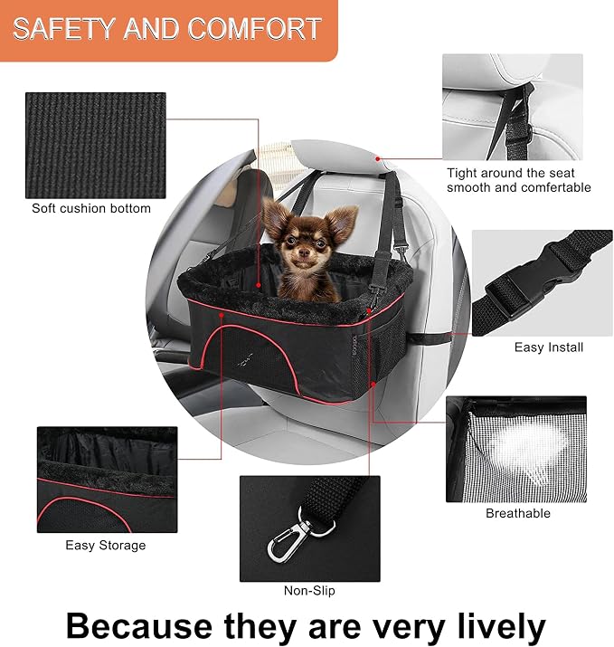 ROODO Dog Car Booster Seat with Safety Leash and Foldable Metal Frame for Small Pets up to 20 lbs Height-Adjustable Portable Puppy/Cat Car Seats with Plush Thick Cushion Mesh Window(Gray)