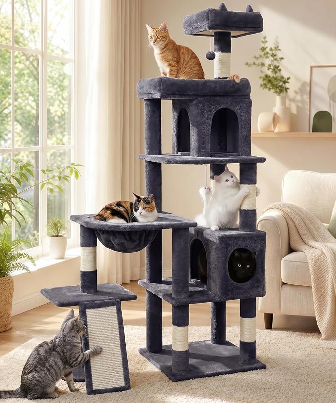 68 Inches Heavy Duty Cat Tree for Indoor Cat, Big Cat Tower | Cat Houses & Tree Tower with 2 Condos, Sisal Scratching Posts & Large Platform for Indoor Cats Large Adult, Dark Grey