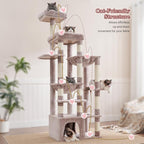 Heybly Cat Tree, 71-Inch Tall Cat Tower for Large Maine Coon Cats HCT037MU | Cat Condo Furniture with Extra-Large Baseboard, Multi-Level Platforms, 2 Hammocks and 12 Scratching Posts, Rosy Brown