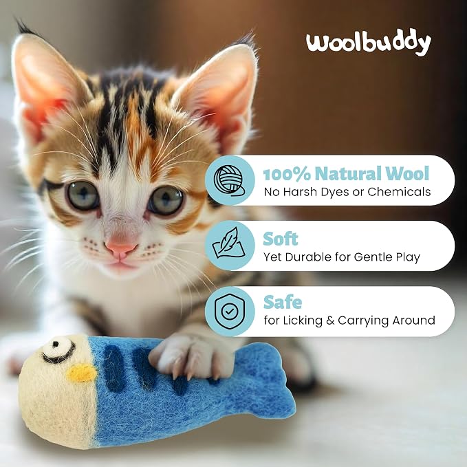 Woolbuddy Wool Cat Toys (Fish 3 PCS) Catnip-Free Kick Toys for Cats Kittens | 100% Pure Wool Felt Interactive Cat Toys, Catnip-Free for Bored Cats, Teething Kittens, Redirect Cat's Destructive Energy