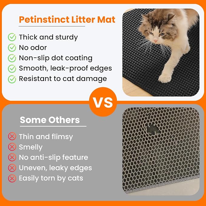 Cat Litter Mat, Double Layer Honeycomb Litter Box Mat | 24x18”, Efficient Litter Trapping, Easy to Clean, Waterproof, Non-Slip, Soft on Paws, Scratch Resistant, Black, Large