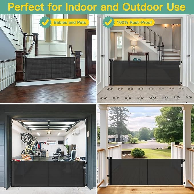 Reinforced 60" Wide Retractable Baby Gates for Dogs, Prevent Crawling Under | Space-Saving Indoor/Outdoor Retractable Gate, Easy One-Hand Operation Safety Lock, Scratch-Resistant Mesh, Easy Install/Black