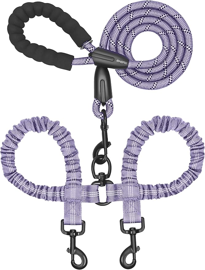 iYoShop Dual Dog Leash - 360° Swivel, No Tangle Walking Leash with Shock Absorbing Bungee for Two Dogs (Large, 25-150 lbs, Lavender)