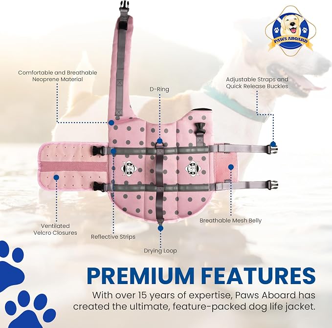 Dog Life Jacket — Premium Swim Vest with SafeChin Anti-Choke Collar | PAWS Aboard Pink | RapidLift Rescue Handle, D-Ring, Reflective Trim | Boating, Kayaking, Pool | X-Large (80–110 lbs)