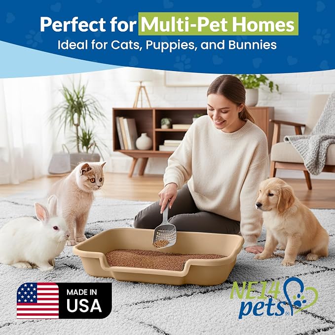 KittyGohere Senior Cat Litter Box Large with Scoop, 2 Pack Beach Sand | Open Top Low Entrance Kitty Litter Box With Long-handle Jumbo Scoop, Lightweight Low Entry Litters Box, Durable, Made in USA