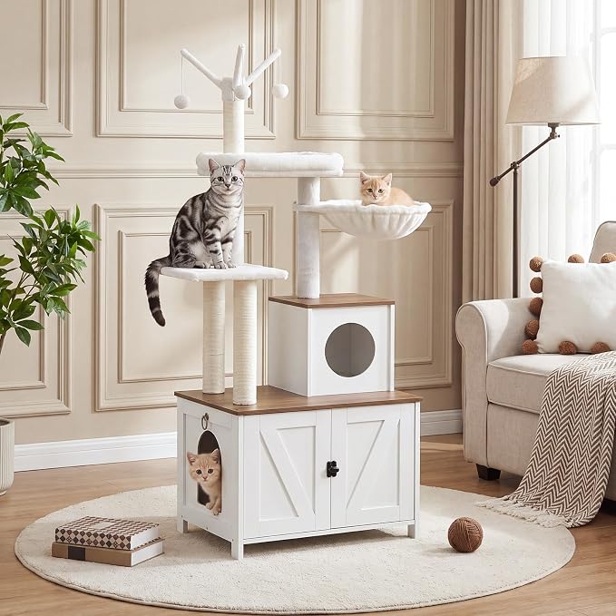 HOOBRO Cat Tree with Litter Box Enclosure for Indoor, 59 Inch Modern Cat Tower with Scratching Posts, Wooden Cat Condo, Hidden Litter Box Furniture, All-in-One Cat House, White and Walnut WH15MZ03