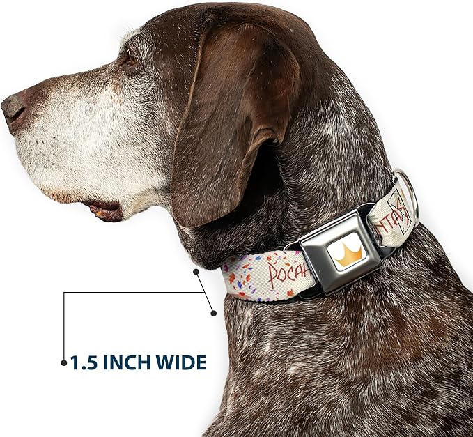 Dog Collar Seatbelt Buckle Pocahontas and Meeko Compass Pose with Script and Leaves Beige 15 to 24 Inches 1.0 Inch Wide | Pocahontas and Meeko Compass with Script and Leaves Beige Durable Metal Adjustable ID Tag Ring