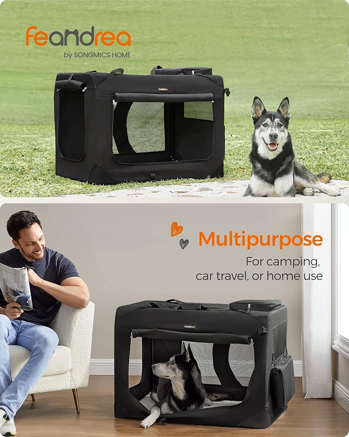 Feandrea Collapsible Soft Dog Crate, Portable Travel, 40 Inches | Dog Carrier Kennel with Safety Zippers for Living Room, Car, Travelling, Black UPDC10H