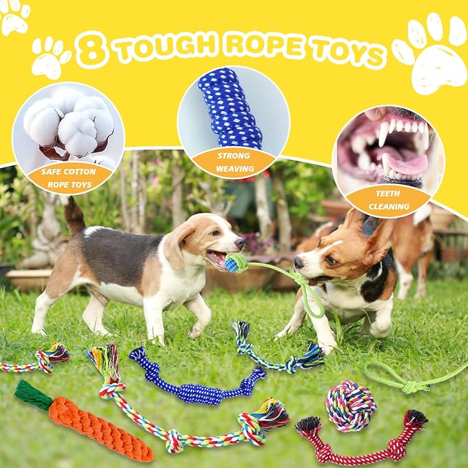 MRSOHRET 18 Pack Dog Toys Puppy Teething Toys, Puppy Essentials Chew Toy Bundle with Squeaky Toy and Interactive Rope for Small Dogs to Keep Them Busy
