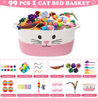 Leitee 15.2" X 10" X 8" 100 Pcs Cat Bed Storage Basket Gift Cat Variety Toys Set Cotton Rope Basket, Fish Mice Pet Bell Colorful Crinkle Balls Spring Toy for Kitten Swat Interactive (Basic,Pink,White)