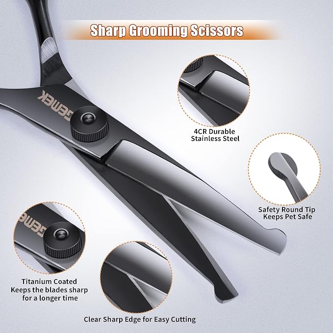 Dog Grooming Scissors Kit with Safety Round Tips, GEMEK Professional 6 in 1 Grooming Scissors for Dogs, Heavy Duty Titanium Coated Pet Grooming Scissor for Dogs, Cats and Other Animals (Black)