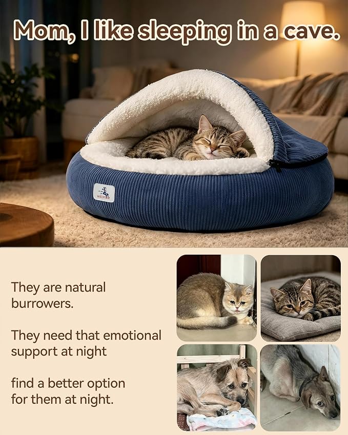 Calming Cozy Dog Cave Cover Bed, Small Doggy Anti Anxiety, Washable | Not Collapsing, Stand Up Hooded Cover, Cozy Round Fluffy Cocoon Beds Medium Cat, 2 in 1 Removable, Neck Support, Blue
