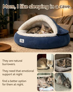Calming Cozy Dog Cave Cover Bed, Small Doggy Anti Anxiety, Washable | Not Collapsing, Stand Up Hooded Cover, Cozy Round Fluffy Cocoon Beds Medium Cat, 2 in 1 Removable, Neck Support, Blue