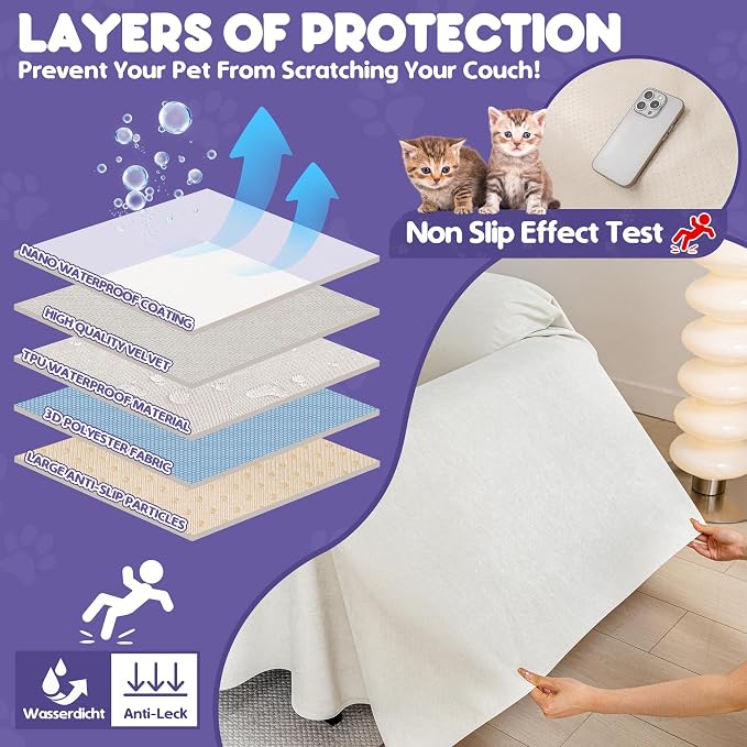Loiion Cat Scratch Proof Furniture Protector Waterproof Sofa Cover 134"x71" | Pet-Friendly Couch Protector, Anti-Scratch & Anti-Slip Sofa Cover For Cats Dogs Kids, Machine Washable