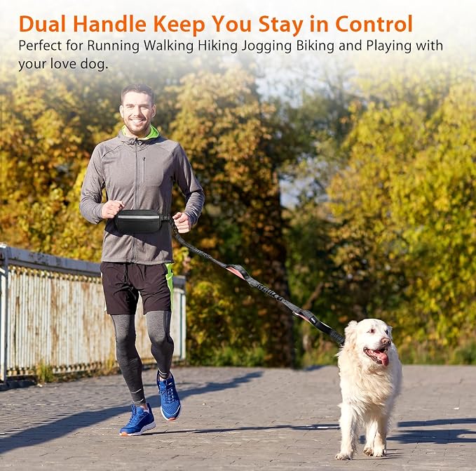 Uppetly Hands Free Dog Running Leash with Waist Belt, Dual Handle Elastic Bungees Retractable Rope for Small and Medium Dogs, Reflective Stitches for Walking Hiking Biking (Medium Pink, 8-25lb)
