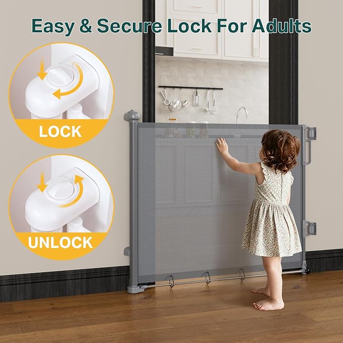 Cumbor 27-40" Retractable Baby Gates for Stairs & Doorways, Indoor Outdoor | Hardware Mounted Mesh Dog & Pet Gate, Easy Walk Through, One-Hand Operation, Anti-Crawl Adjustable Safety Gate for Dog, Grey