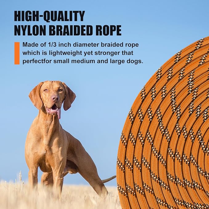 lynxking Long Dog Leash Reflective 15ft 30ft 50ft Check Cord Training Lead Padded Handle Heavy Duty Rope for Puppy Small Medium Large Dogs (Orange, 30ft x 3/8inch)