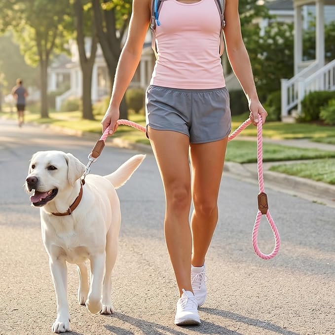 Mile High Life Dog Leash Braided Cotton Rope with Leather-Reinforced Ends | Rust-proof 360° swivel clasp, Heavy-duty for medium/large breeds. Great for weddings, daily walks (6 FT, 1/2", Pink)