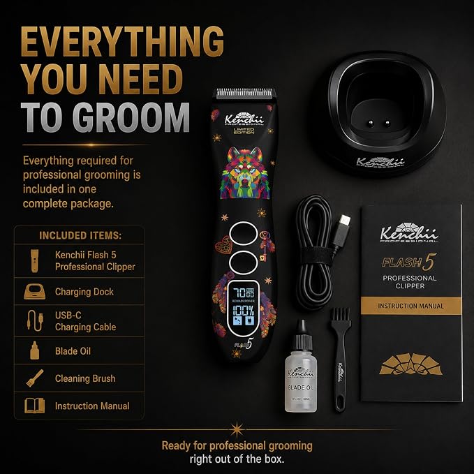 Kenchii Flash 5 Professional Dog Grooming Clippers, Cordless 5-Speed Pet Hair Trimmer for Thick Coats & Matted Fur, Quiet Heavy Duty Clipper, 5-in-1 Adjustable Blade, LCD Display, USB-C (Wolf Edition)