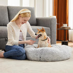 DUMOS 37.4 Inch Donut Dog Bed, Faux Fur Plush, Grey | Machine Washable Cuddler Warming Cozy Fluffy Faux Fur Plush Round Pet Bed, Anti-Slip Bed for Indoor Dogs and Cats