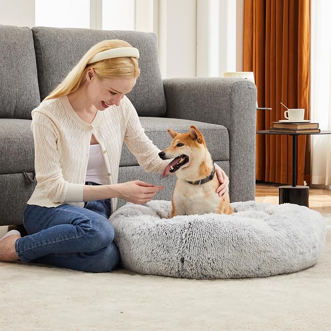 DUMOS 37.4 Inch Donut Dog Bed, Faux Fur Plush, Grey | Machine Washable Cuddler Warming Cozy Fluffy Faux Fur Plush Round Pet Bed, Anti-Slip Bed for Indoor Dogs and Cats