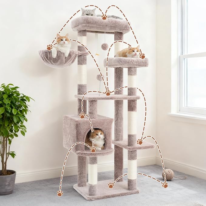 Gitelsnour 55.1'' Cat Tree Tower for Indoor Cats, Large Platform, CCT013MU | 7 Sisal Scratching Posts, Multi-level Cat Condo Cat Cave, 2 Padded Perches, Basket, Furry Ball, Toy, Mushroom