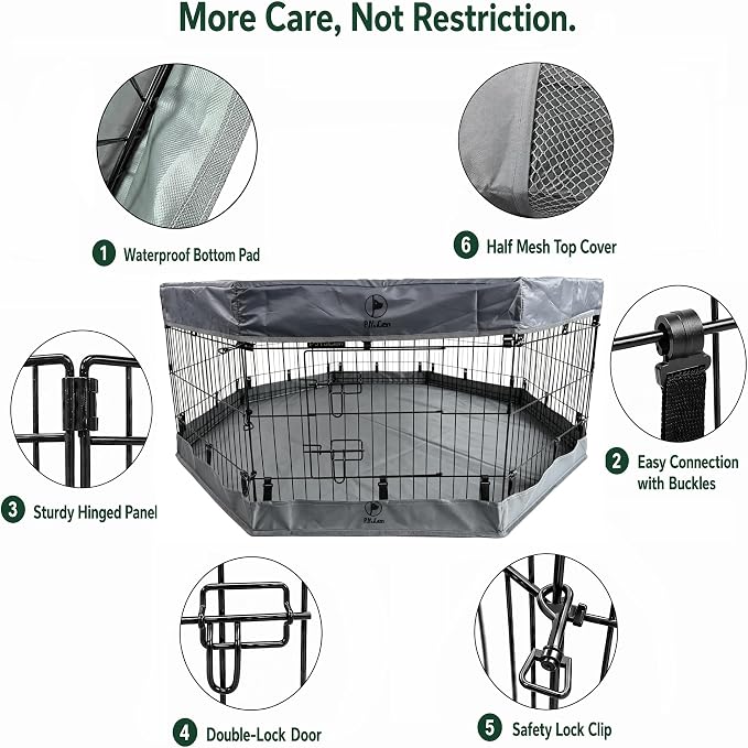 PJYuCien Puppy Playpen with Top Cover & Bottom Pad, 8 Panels 30" H, Gray | 24"W, Small Pet Safe Sanctuary, Foldable Octagonal Pen, Versatile, Indoor & Outdoor, Backyard Pasture, Protects Floors
