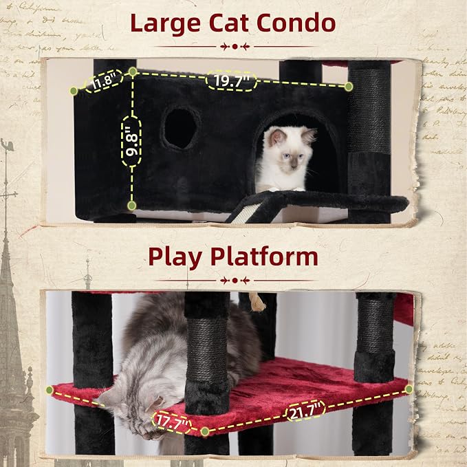Gitelsnour Tall Cat Tree Tower for for Multiple Cats, Large Condo, GCT031BR | 78.7"(200cm) Multi-level Scratching Post for Indoor Large Adult, 2 Condo, 4 Platforms, 3 Hammock, Sisal Rope, Toys Black