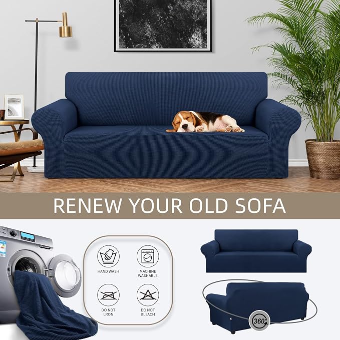 Stretch Couch Covers for Sofa, 3 Cushion Couch Slipcover,Navy Blue | 1-Piece Washable Sofa Cover Pet Friendly(78"-94") Furniture Protector Soft Jacquard, Elastic Bottom for Dogs & Kids